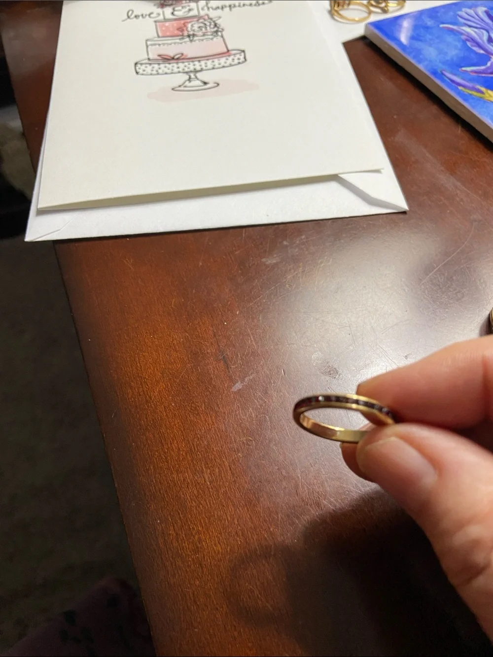 Gold-Tone Women's Stacking Ring with Black Inlay